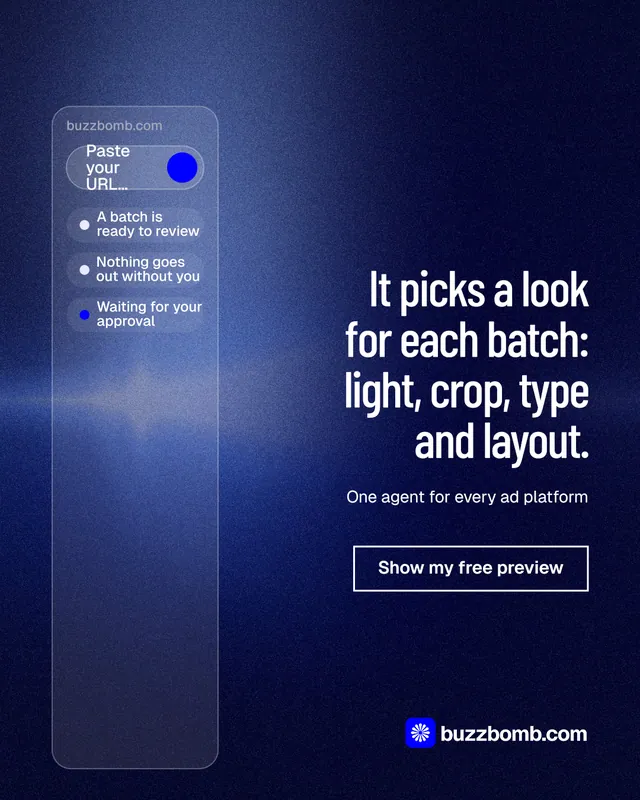 Instagram portrait post for BuzzBomb: "It picks a look for each batch: light, crop, type and layout." Dark deco style, right layout, dark palette in black, blue.