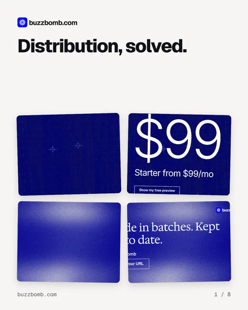 Carousel for BuzzBomb: "Distribution, solved.". Collection carousel, 8 slides, light palette.