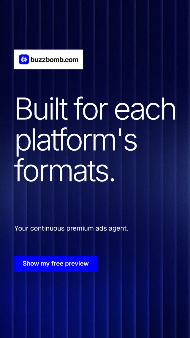 Instagram story for BuzzBomb: "Built for each platform's formats." Swiss style, announce layout, dark palette in black, blue, grey.