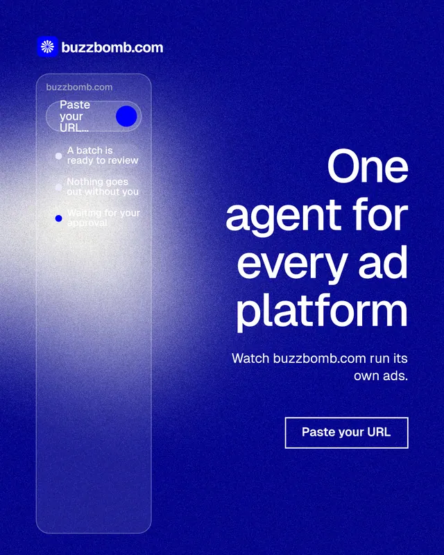 Instagram portrait post for BuzzBomb: "One agent for every ad platform". Cyanotype style, right layout, dark palette in blue.