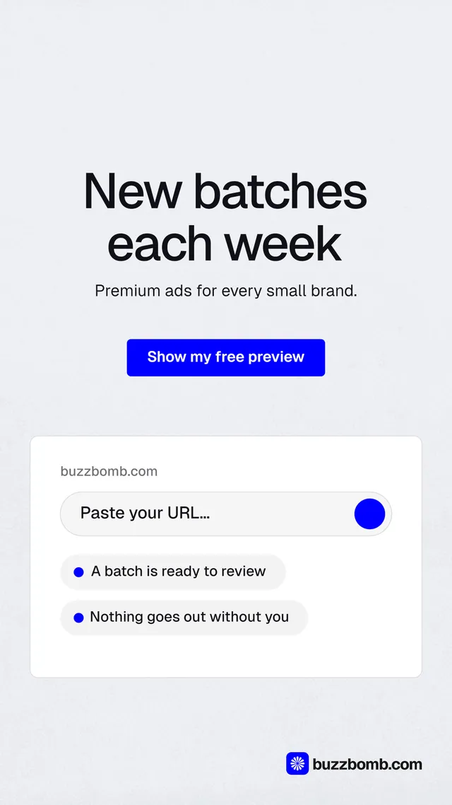 Instagram story for BuzzBomb: "New batches each week". Data card style, centred layout, light palette in white, blue.