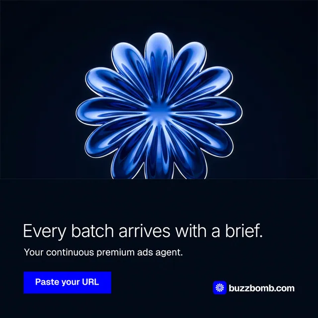 Instagram post for BuzzBomb: "Every batch arrives with a brief." Swiss style, bottom layout, dark palette in black, blue.