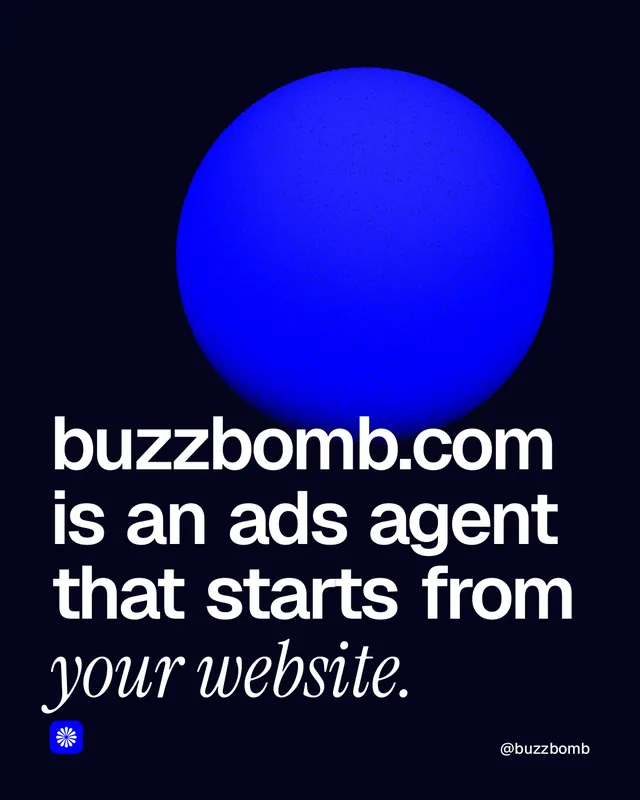 Instagram portrait post for BuzzBomb: "buzzbomb.com is an ads agent that starts from your website." Auto 4x5 style, technique:shader field layout, dark palette in black, blue.