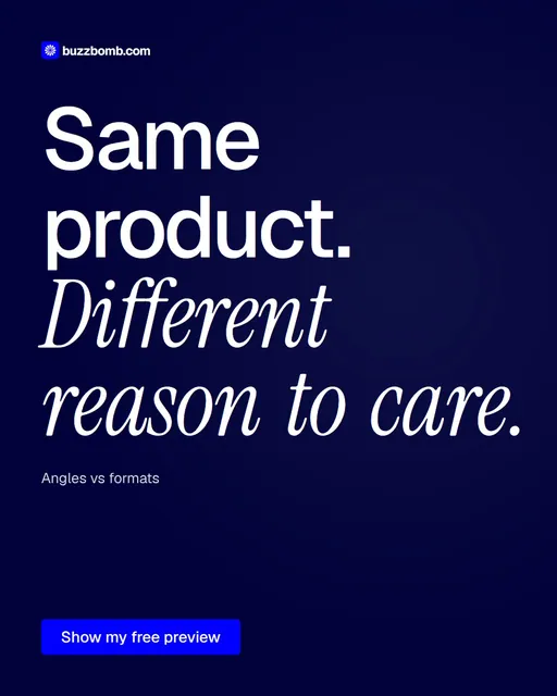Video for BuzzBomb: "Same product. Different reason to care.". Doc motion loop, 6.0 s, dark palette.