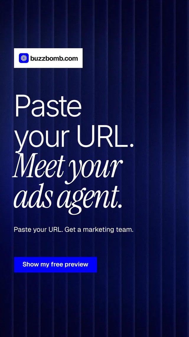 Instagram story for BuzzBomb: "Paste your URL. Meet your ads agent." Swiss style, announce layout, dark palette in black, blue, grey.