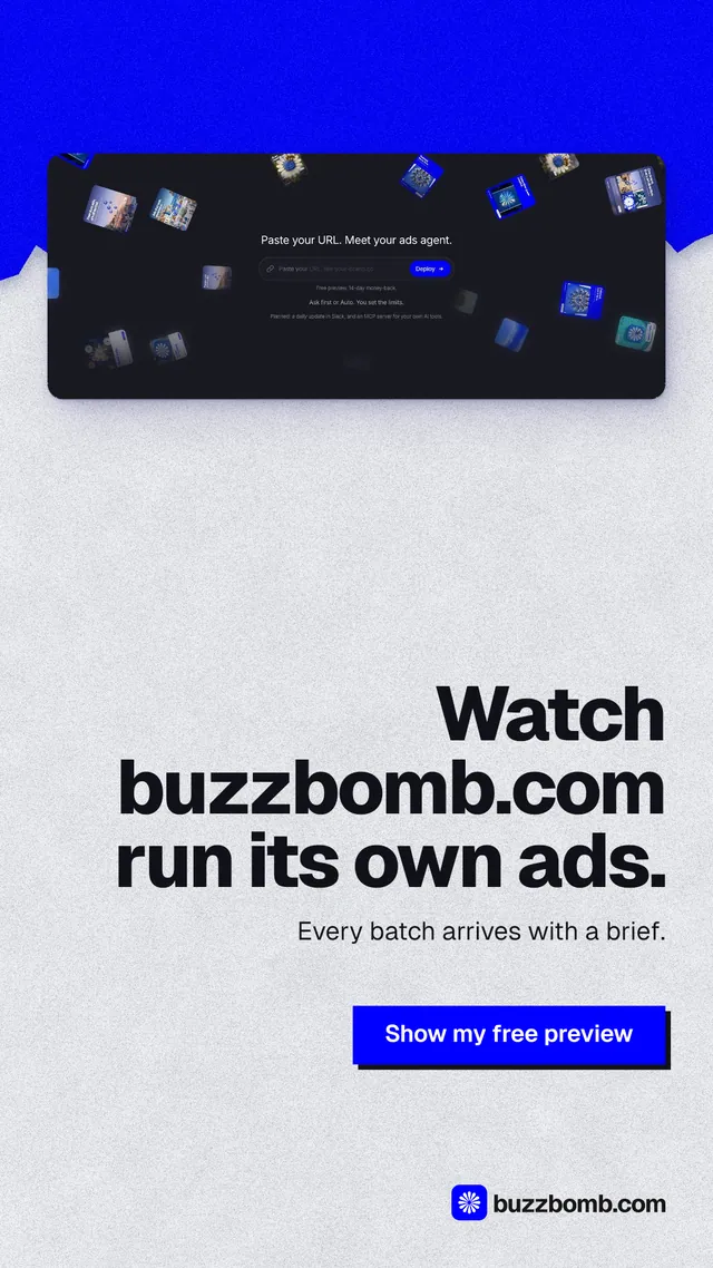 Instagram story for BuzzBomb: "Watch buzzbomb.com run its own ads." Paper trio style, right layout, light palette in white, blue, grey.