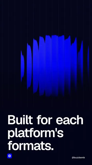 Video for BuzzBomb: "Built for each platform's formats.". Shader loop, 6.0 s, dark palette.