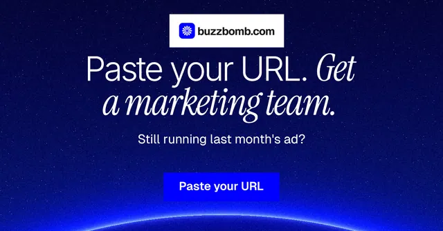Social ad for BuzzBomb: "Paste your URL. Get a marketing team." Swiss style, centred layout, dark palette in blue.