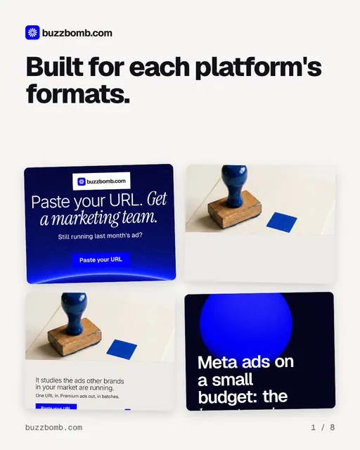 Carousel for BuzzBomb: "Built for each platform's formats.". Collection carousel, 8 slides, light palette.