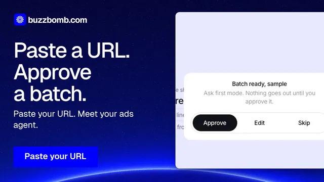 Landscape graphic for BuzzBomb: "Paste a URL. Approve a batch." Swiss style, bottom layout, light palette in blue, white.