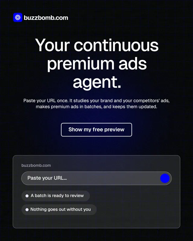 Instagram portrait post for BuzzBomb: "Your continuous premium ads agent." Phosphor atlas style, centred layout, dark palette in black, grey.