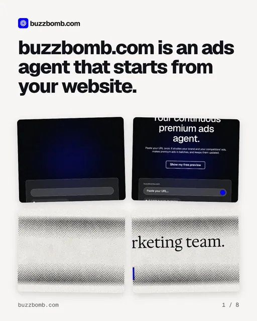 Carousel for BuzzBomb: "buzzbomb.com is an ads agent that starts from your website.". Collection carousel, 8 slides, light palette.