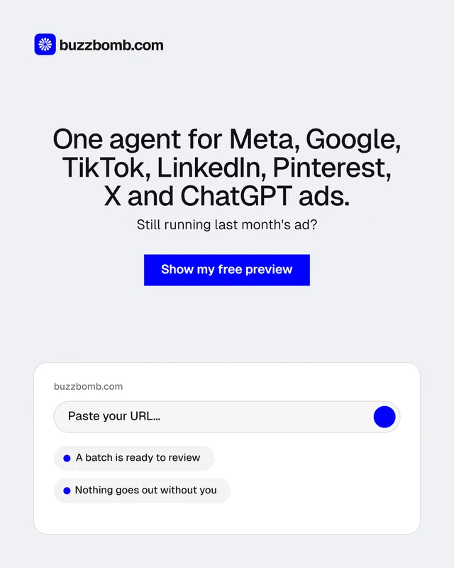 Instagram portrait post for BuzzBomb: "One agent for Meta, Google, TikTok, LinkedIn, Pinterest, X and ChatGPT ads." Swiss style, centred layout, light palette in white, blue.