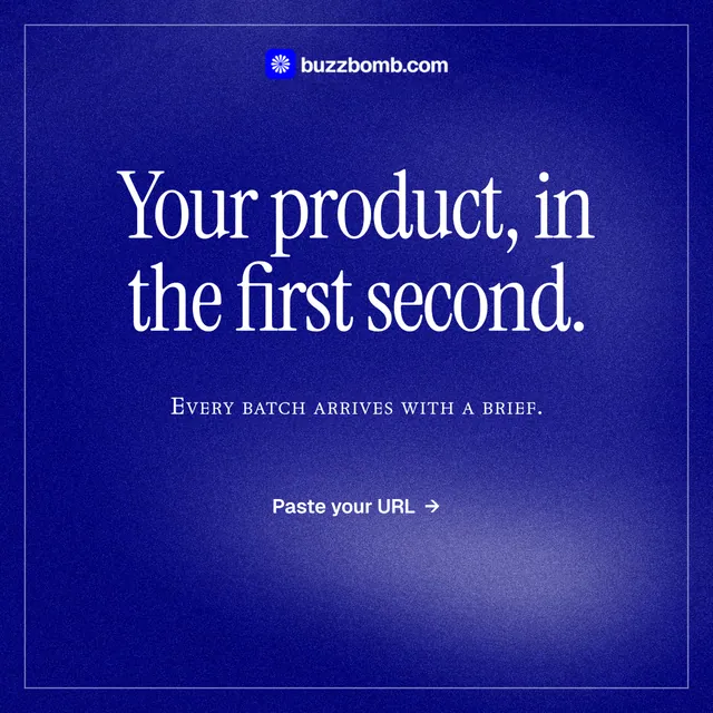 Instagram post for BuzzBomb: "Your product, in the first second." Editorial style, smallcaps layout, dark palette in blue.