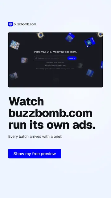 Video for BuzzBomb: "Watch buzzbomb.com run its own ads.". Doc motion loop, 6.0 s, light palette.