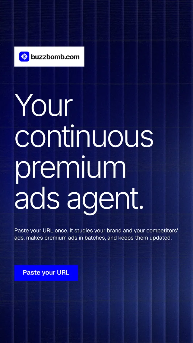 Instagram story for BuzzBomb: "Your continuous premium ads agent." Swiss style, announce layout, dark palette in blue, grey.