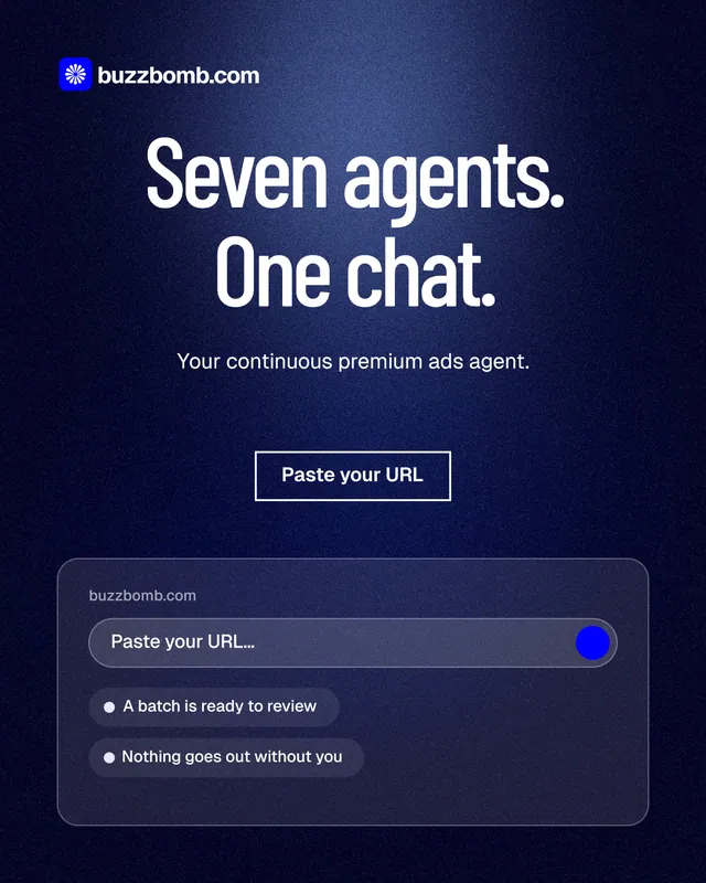 Instagram portrait post for BuzzBomb: "Seven agents. One chat." Dark deco style, centred layout, dark palette in blue, black.