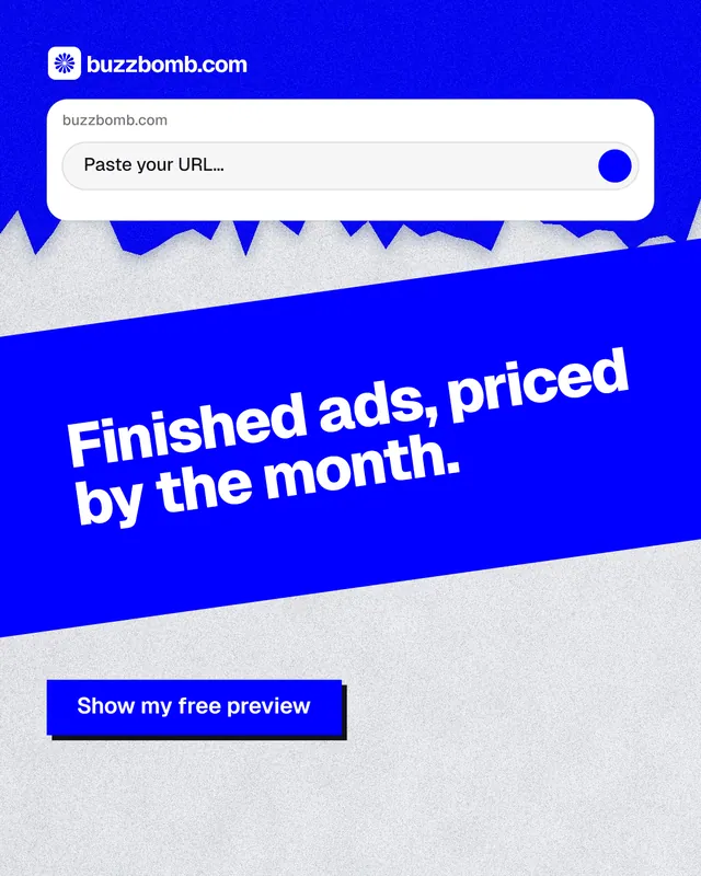 Instagram portrait post for BuzzBomb: "Finished ads, priced by the month." Paper trio style, diagonal layout, light palette in blue, white.