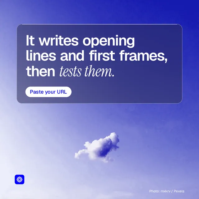 Instagram post for BuzzBomb: "It writes opening lines and first frames, then tests them." Glass style, technique:pexels ingredient layout, light palette in blue.