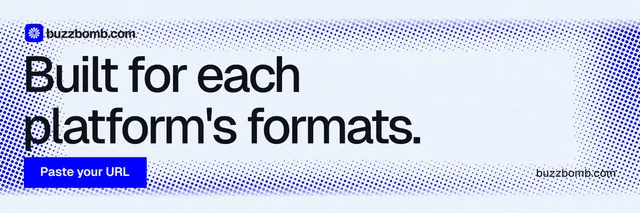 X header for BuzzBomb: "Built for each platform's formats." Swiss style, poster layout, light palette in white, blue.
