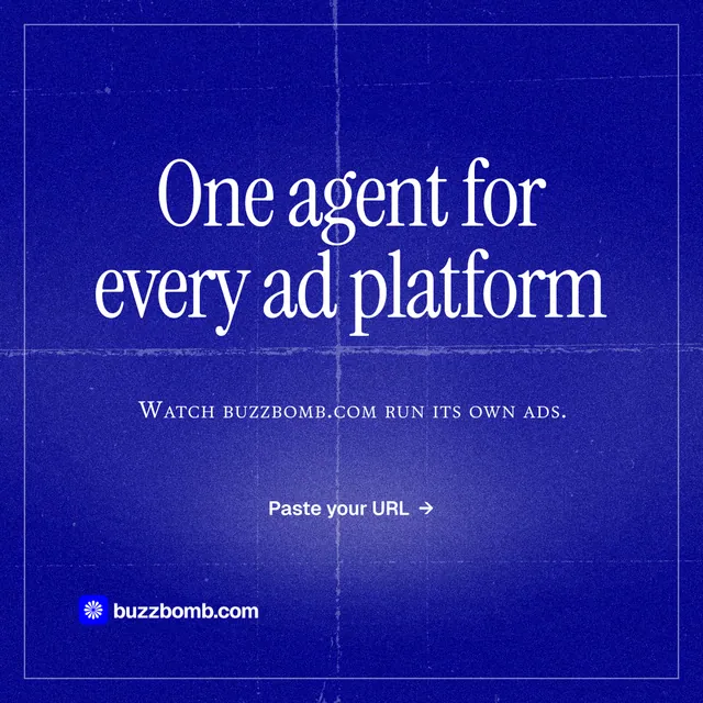Instagram post for BuzzBomb: "One agent for every ad platform". Editorial style, smallcaps layout, dark palette in blue.
