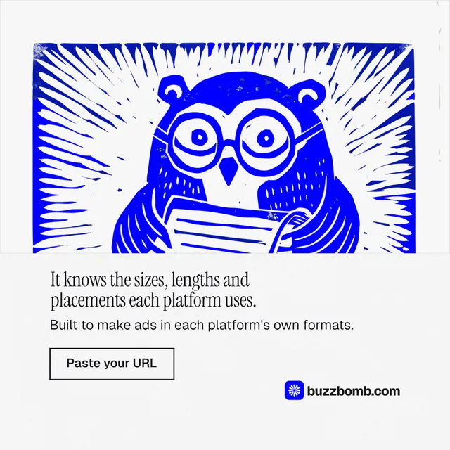 Instagram post for BuzzBomb: "It knows the sizes, lengths and placements each platform uses." Editorial style, bottom layout, light palette in white, blue.