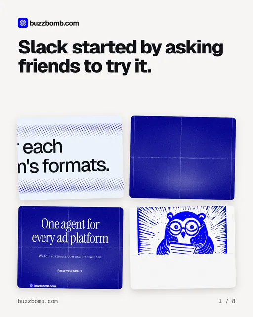 Carousel for BuzzBomb: "Slack started by asking friends to try it.". Collection carousel, 8 slides, light palette.