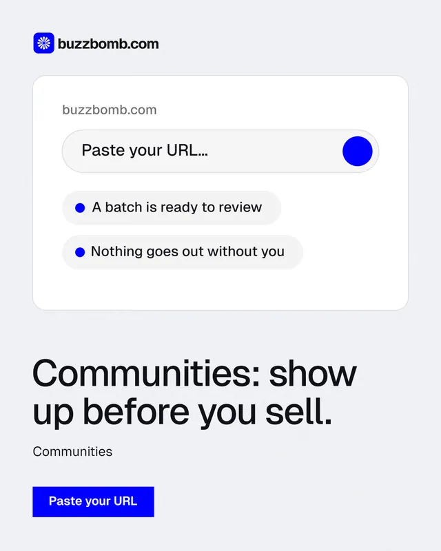 Instagram portrait post for BuzzBomb: "Communities: show up before you sell." Swiss style, bottom layout, light palette in white, blue.
