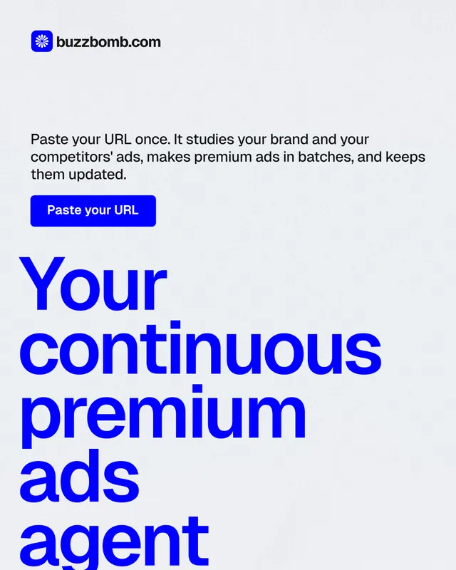 Instagram portrait post for BuzzBomb: "Your continuous premium ads agent." Data card style, oversized layout, light palette in white, blue.