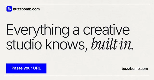 Social ad for BuzzBomb: "Everything a creative studio knows, built in." Swiss style, poster layout, light palette in white, blue.