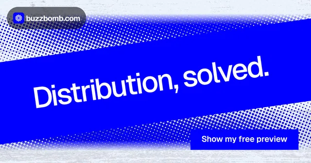 Social ad for BuzzBomb: "Distribution, solved." Swiss style, diagonal layout, dark palette in blue.