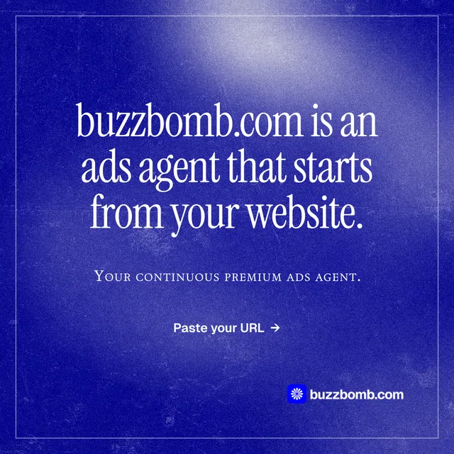 Instagram post for BuzzBomb: "buzzbomb.com is an ads agent that starts from your website." Editorial style, smallcaps layout, dark palette in blue.