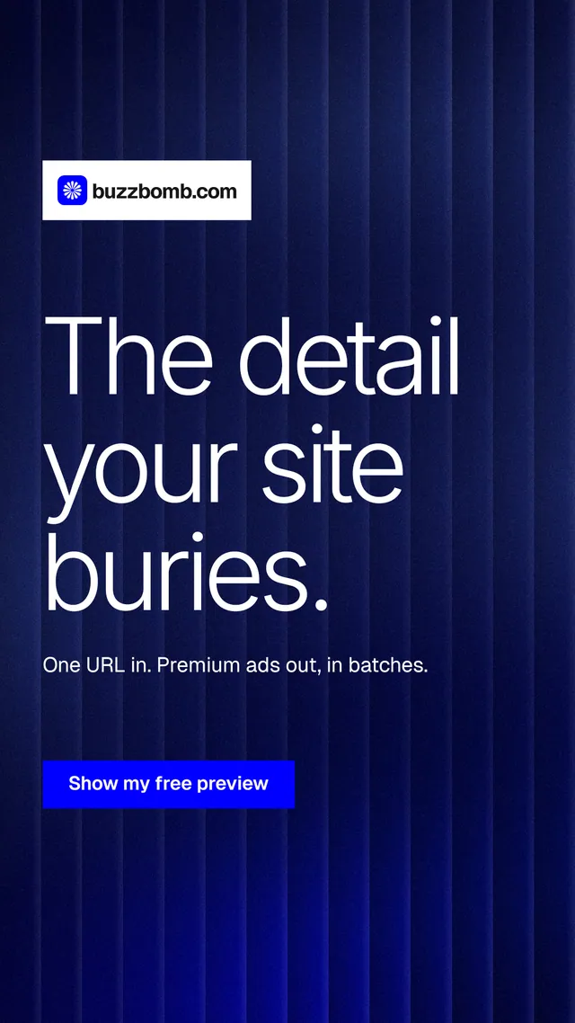 Instagram story for BuzzBomb: "The detail your site buries." Swiss style, announce layout, dark palette in blue, grey.