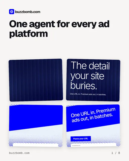 Carousel for BuzzBomb: "One agent for every ad platform". Collection carousel, 8 slides, light palette.