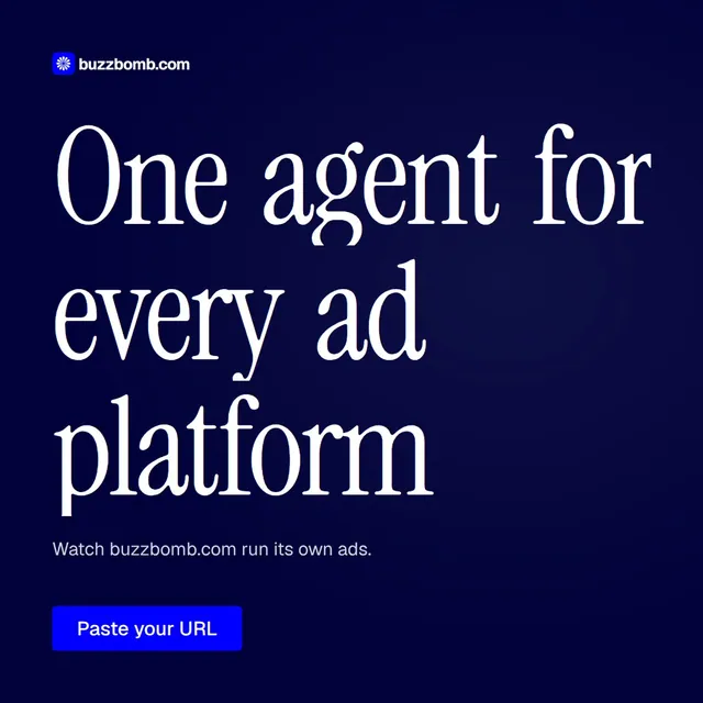 Video for BuzzBomb: "One agent for every ad platform". Doc motion loop, 7.0 s, dark palette.
