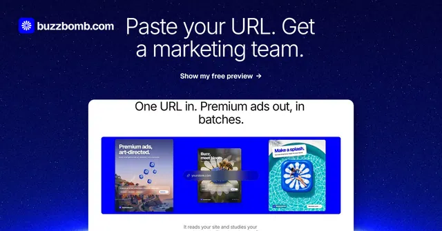 Social ad for BuzzBomb: "Paste your URL. Get a marketing team." Swiss style, ogui layout, dark palette in blue, white.