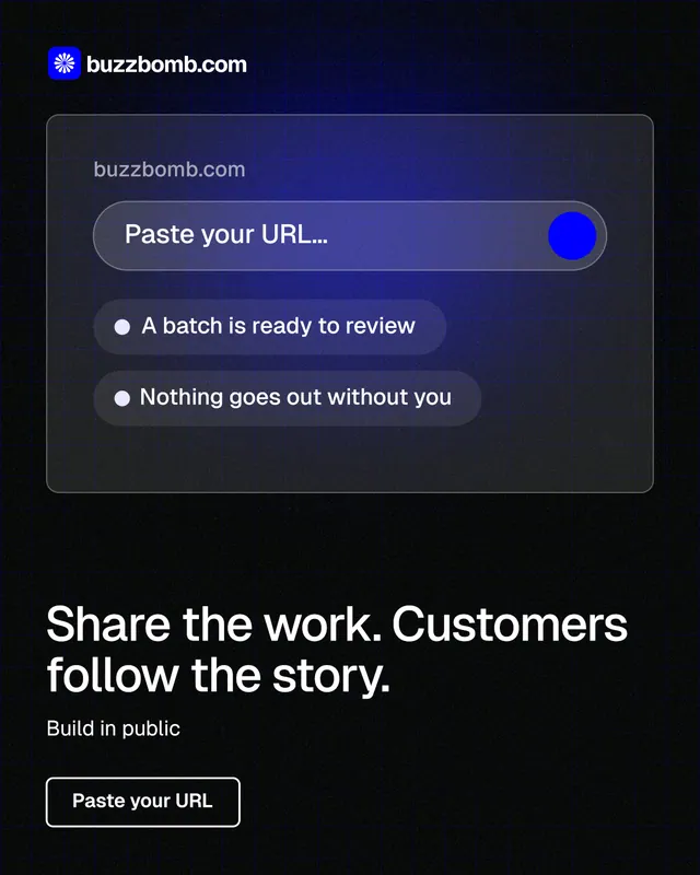 Instagram portrait post for BuzzBomb: "Share the work. Customers follow the story." Phosphor atlas style, bottom layout, dark palette in black, blue, grey.