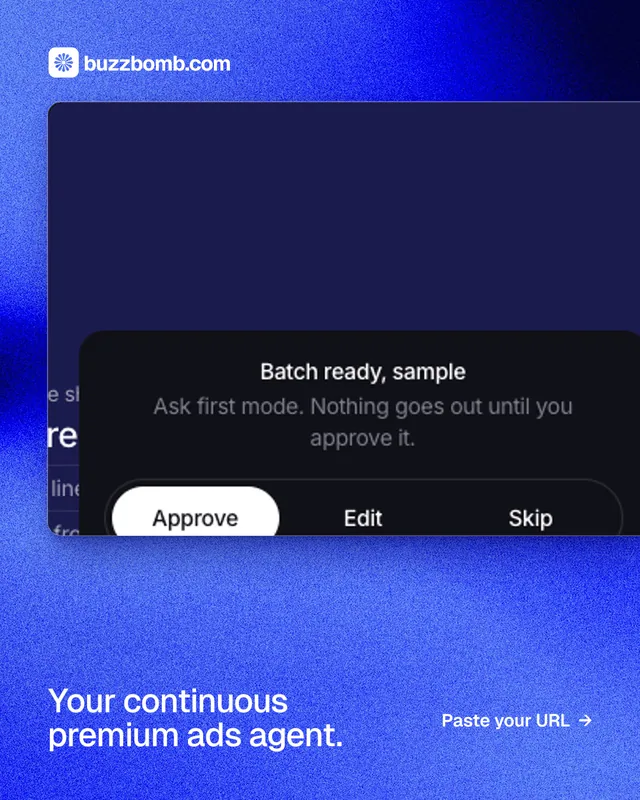 Instagram portrait post for BuzzBomb: "Your continuous premium ads agent." Swiss style, image led layout, dark palette in blue, black.