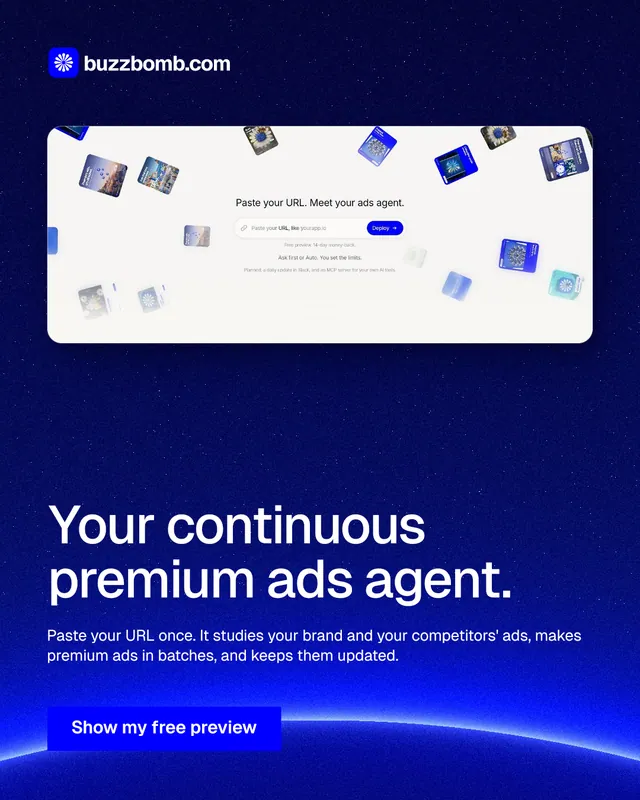 Instagram portrait post for BuzzBomb: "Your continuous premium ads agent." Swiss style, bottom layout, dark palette in blue, white.