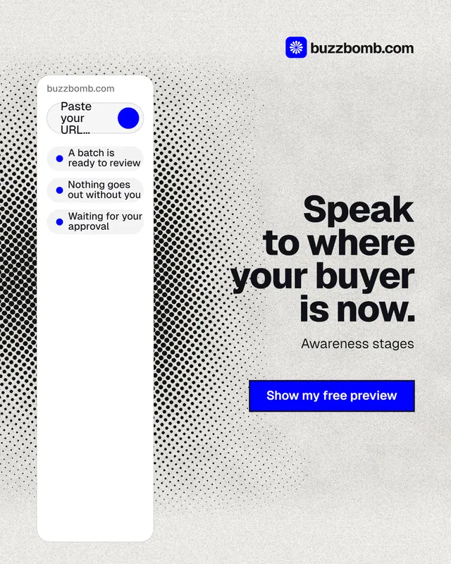 Instagram portrait post for BuzzBomb: "Speak to where your buyer is now." Ink sticker style, right layout, light palette in white, grey.