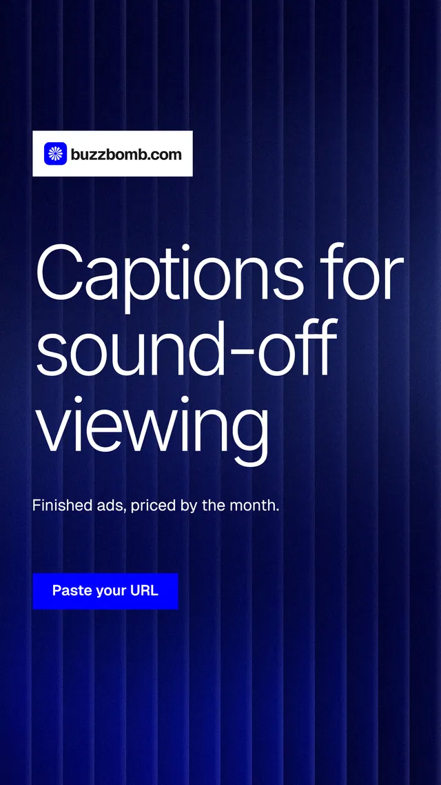 Instagram story for BuzzBomb: "Captions for sound-off viewing". Swiss style, announce layout, dark palette in black, blue, grey.
