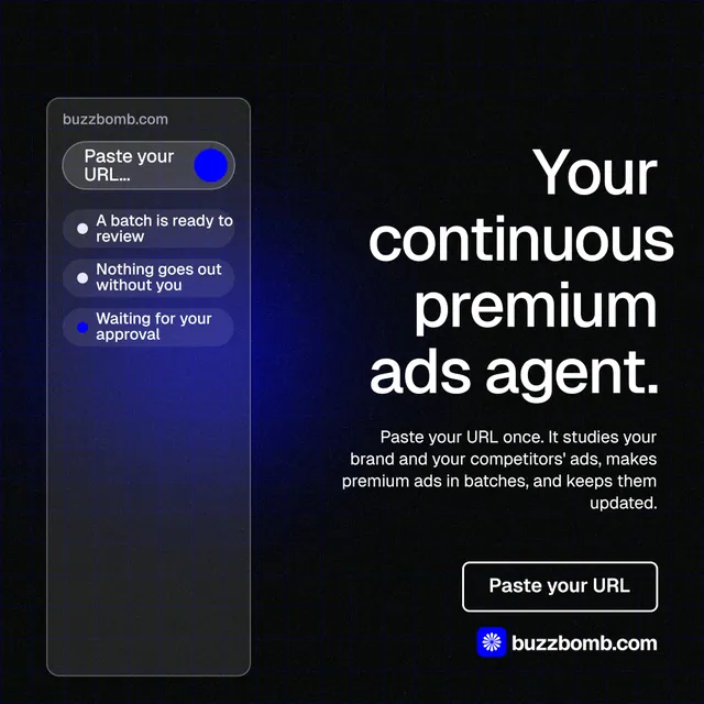 Instagram post for BuzzBomb: "Your continuous premium ads agent." Phosphor atlas style, right layout, dark palette in black, blue, grey.