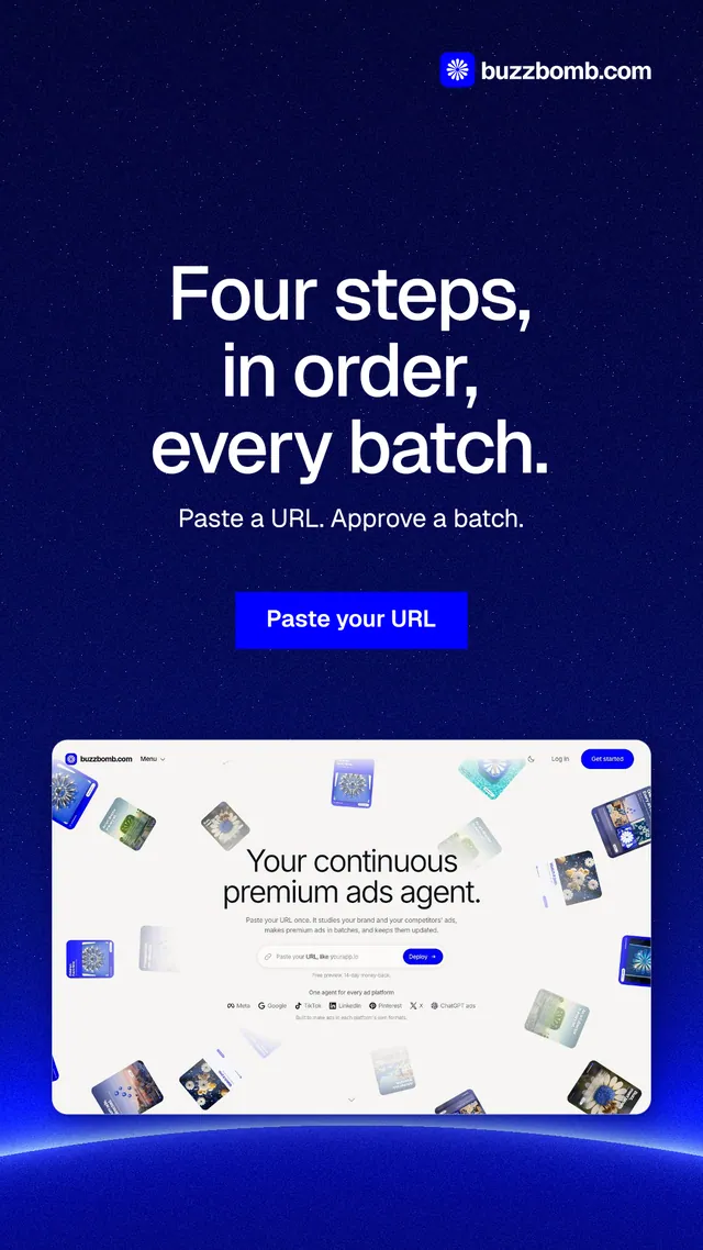 Instagram story for BuzzBomb: "Four steps, in order, every batch." Swiss style, centred layout, dark palette in blue, white.