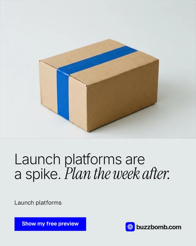 Instagram portrait post for BuzzBomb: "Launch platforms are a spike. Plan the week after." Swiss style, bottom layout, light palette in white, grey.