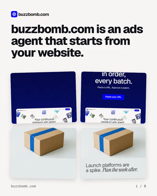 Carousel for BuzzBomb: "buzzbomb.com is an ads agent that starts from your website.". Collection carousel, 8 slides, light palette.