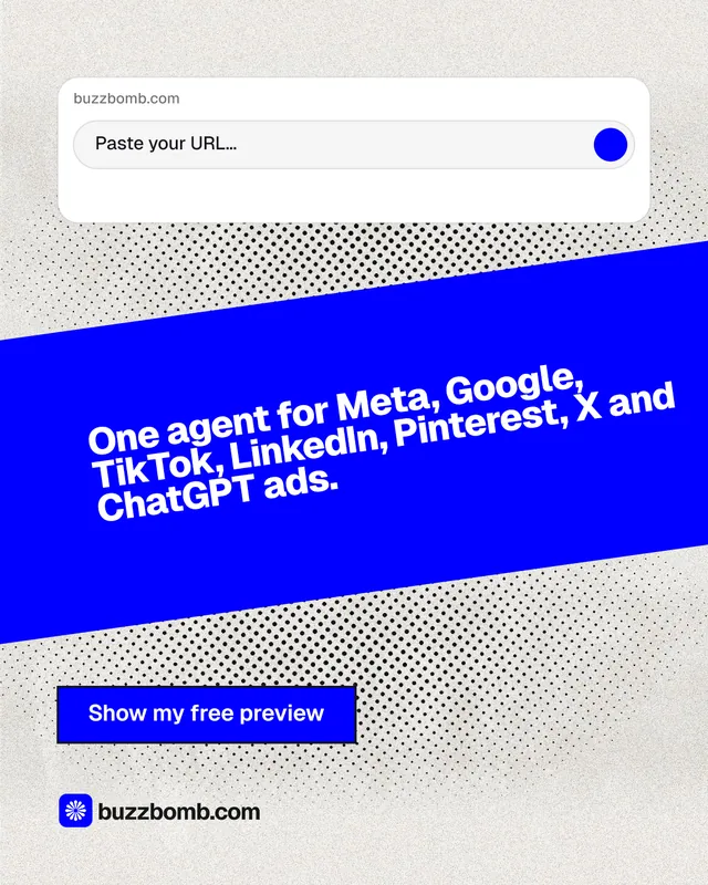 Instagram portrait post for BuzzBomb: "One agent for Meta, Google, TikTok, LinkedIn, Pinterest, X and ChatGPT ads." Ink sticker style, diagonal layout, light palette in blue, white.