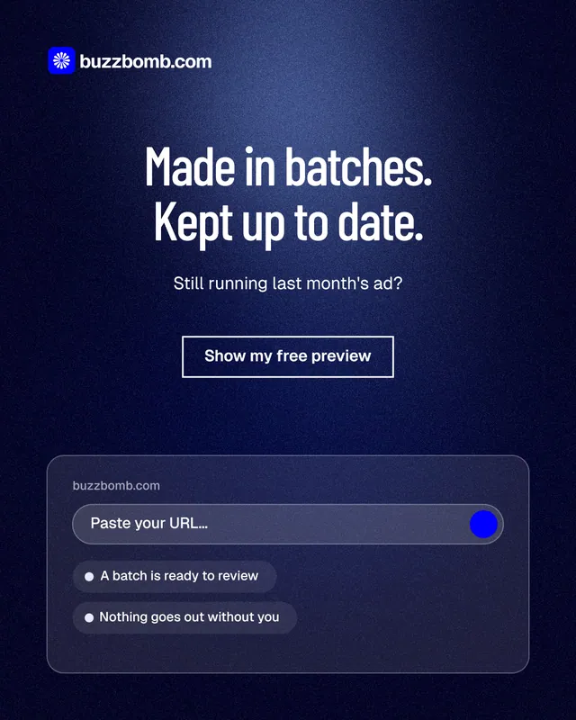 Instagram portrait post for BuzzBomb: "Made in batches. Kept up to date." Dark deco style, centred layout, dark palette in blue, black.