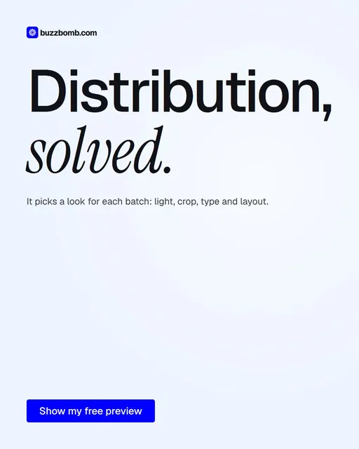 Video for BuzzBomb: "Distribution, solved.". Doc motion loop, 6.0 s, light palette.