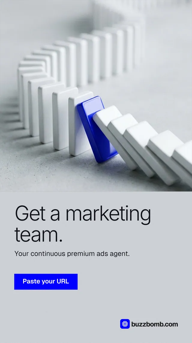 Instagram story for BuzzBomb: "Get a marketing team." Swiss style, bottom layout, light palette in white, grey.