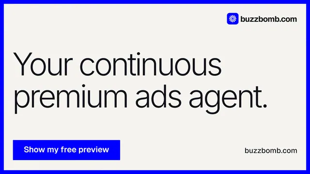 Landscape graphic for BuzzBomb: "Your continuous premium ads agent." Swiss style, poster layout, light palette in white, grey, blue.